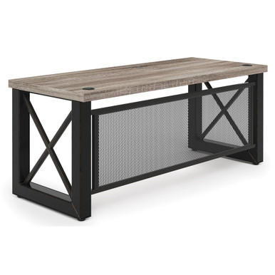 OfficeSource  Riveted  Industrial Desk with Metal X Base and Metal Mesh Modesty Panel – 71”W